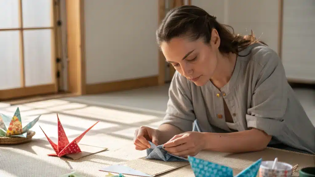 Femme faisant de l'origami